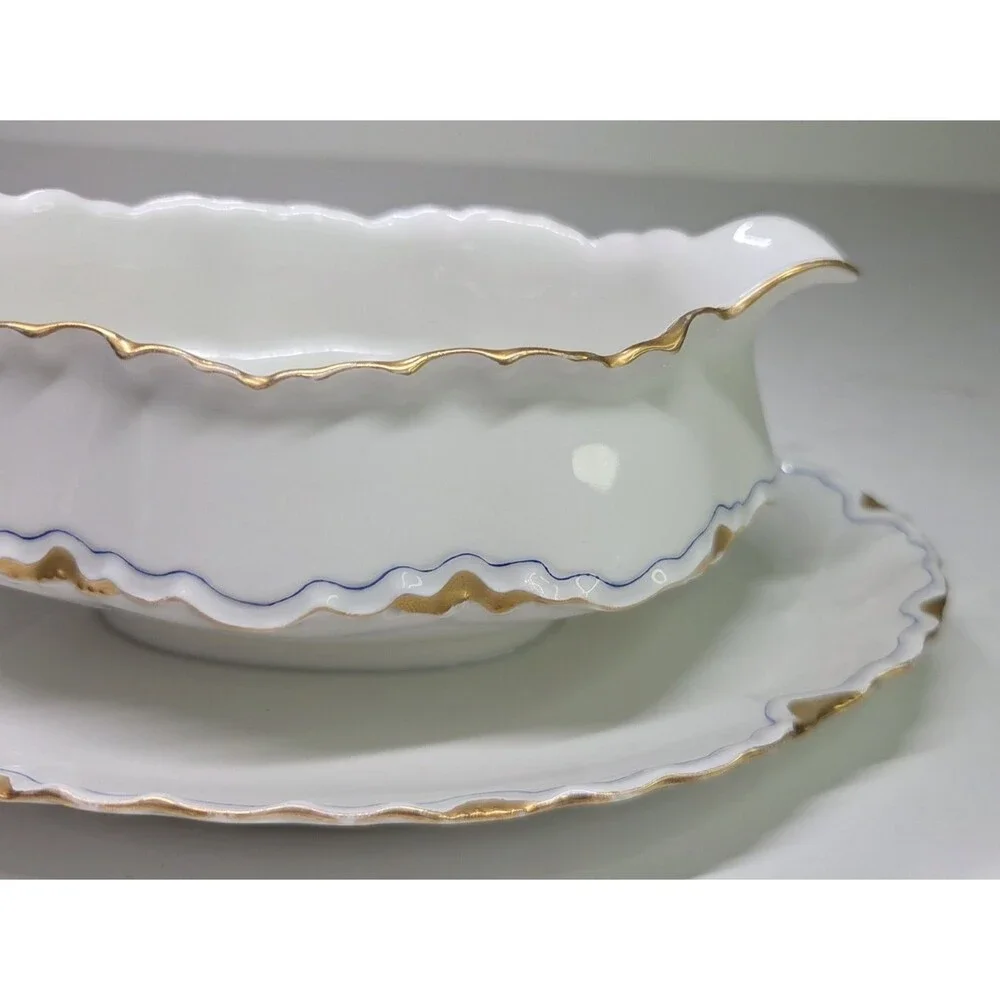 Antique Haviland Limoges Gravy Boat With Attached Under Plate Gold Blue France